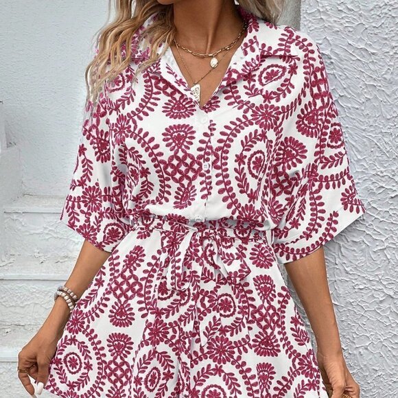 . Pants - Pink Boho Ladies' Printed Leisure Vacation Batwing Sleeve Belted Romper
